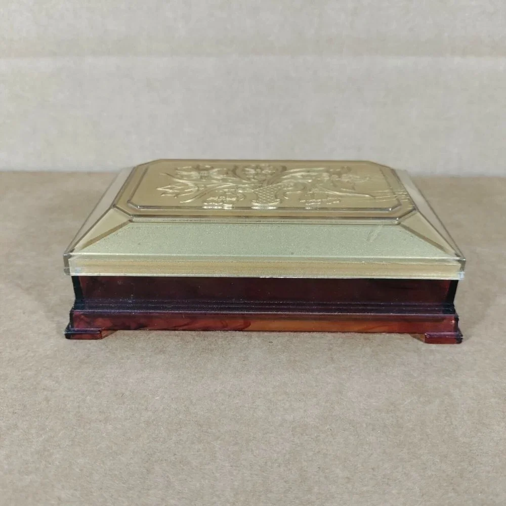 2/$20 Clear Amber Gold Tone Plastic Jewelry Box Fosta Product Made In USA Floral